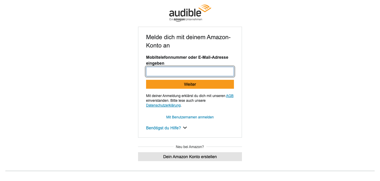 Audible-Anmeldeformular mit Amazon-Konto-Login