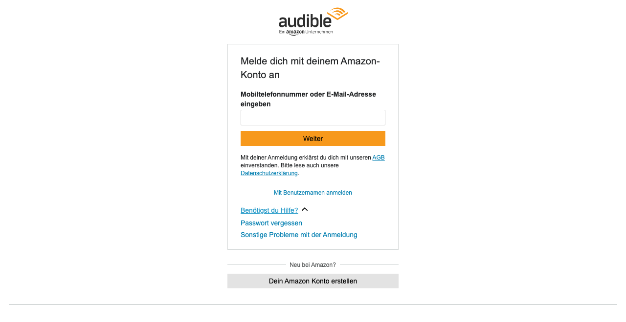 Ausgeklappter "Benötigst du Hilfe"-Bereich mit dem Link "Passwort vergessen" auf der Audible-Anmeldeseite